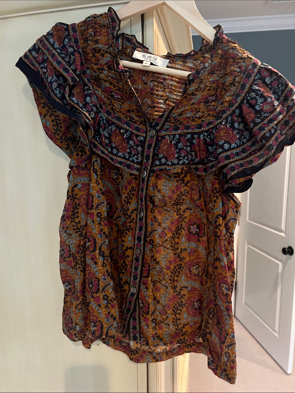 Sea New York Mustard Floral Ruffle Yoke Blouse